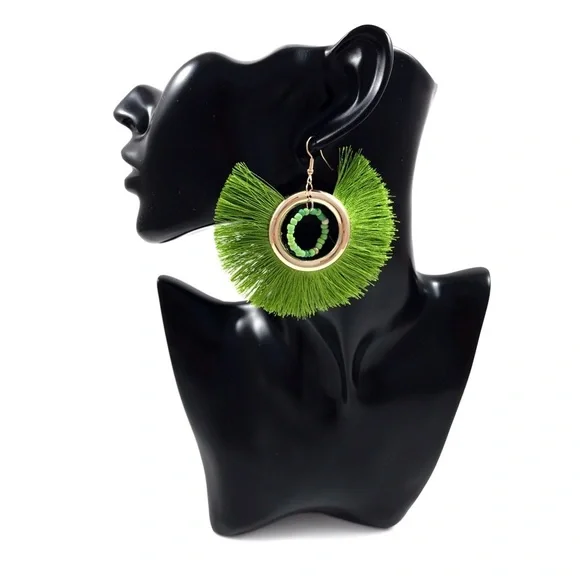 Large gold hoop green tassel circle earrings - Picture 2 of 8